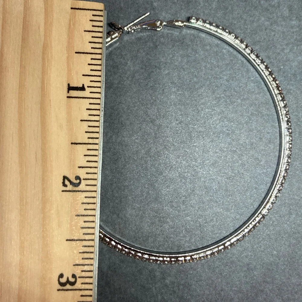 Platinum Plated Rhinestone Big Hoop Earrings - Picture 4 of 4